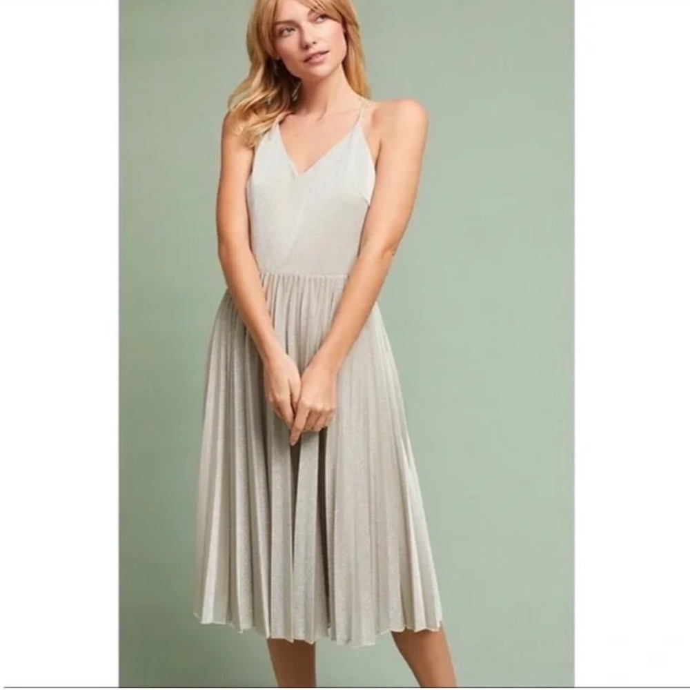 Anthropologie Elevenses Lunar Pleated Silver Sparkle Midi Dress